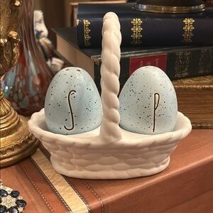 Speckled Blue Egg Salt and Pepper Shakers in White Basket